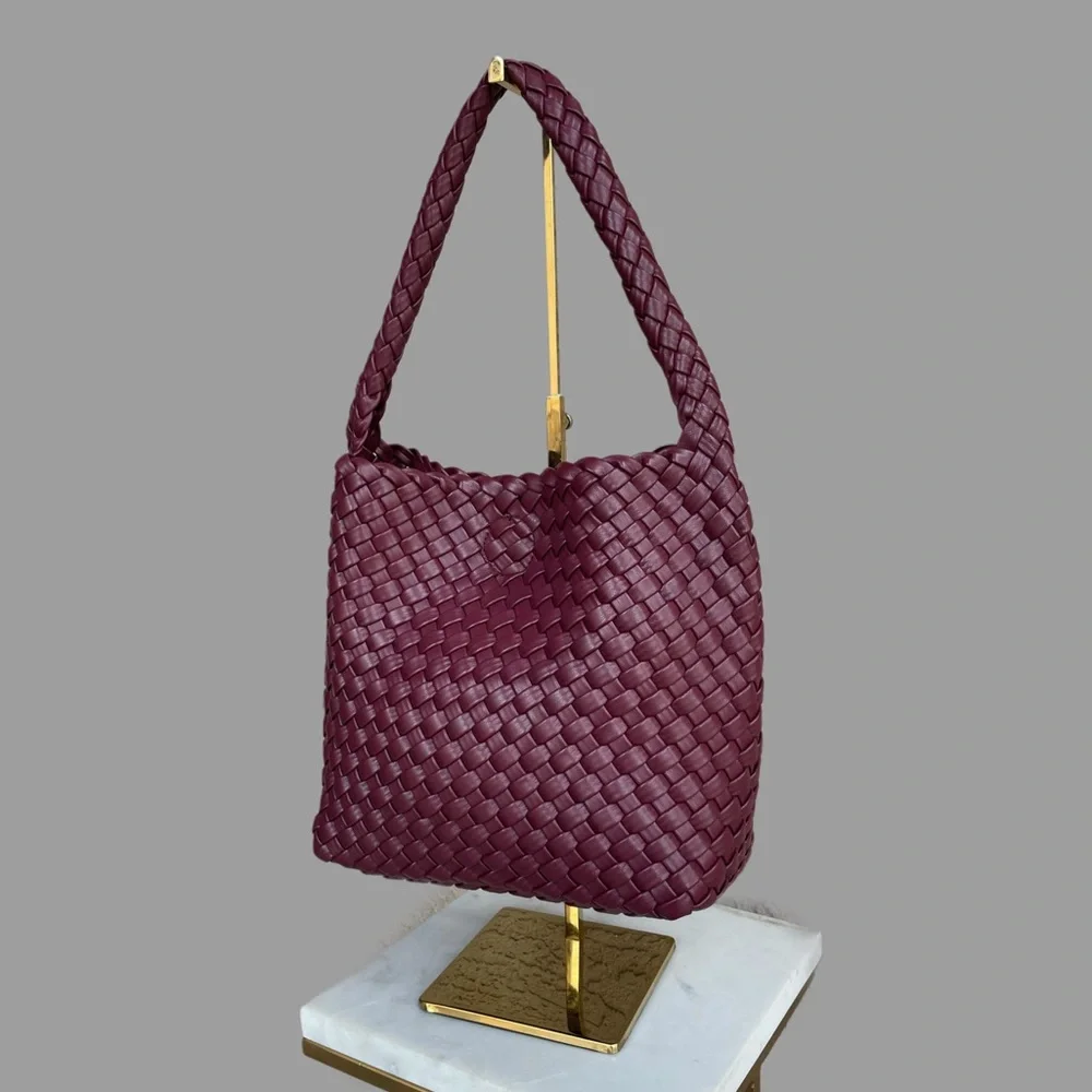 SONOMA Purple Burgundy Wine Faux Leather Woven Hobo Bag Basketweave Shoulder Bag
